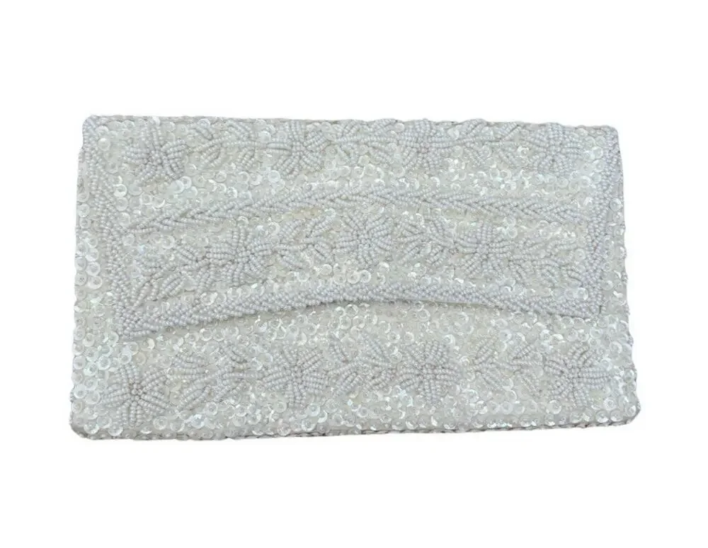 Vintage Ivory Beaded Evening Clutch Purse Floral Sequin Made in Hong Kong